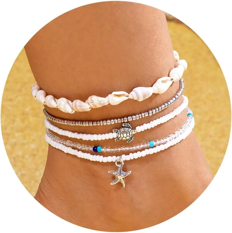 Layered Shell Anklets for Women Boho Starfish Pearl Cowrie Shell Ankle Bracelets Trendy Beads Seashell Sea Turtle Anklets Summer Beach Hawaii Foot Jewelry Accessories