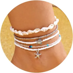 Layered Shell Anklets for Women Boho Starfish Pearl Cowrie Shell Ankle Bracelets Trendy Beads Seashell Sea Turtle Anklets Summer Beach Hawaii Foot Jewelry Accessories