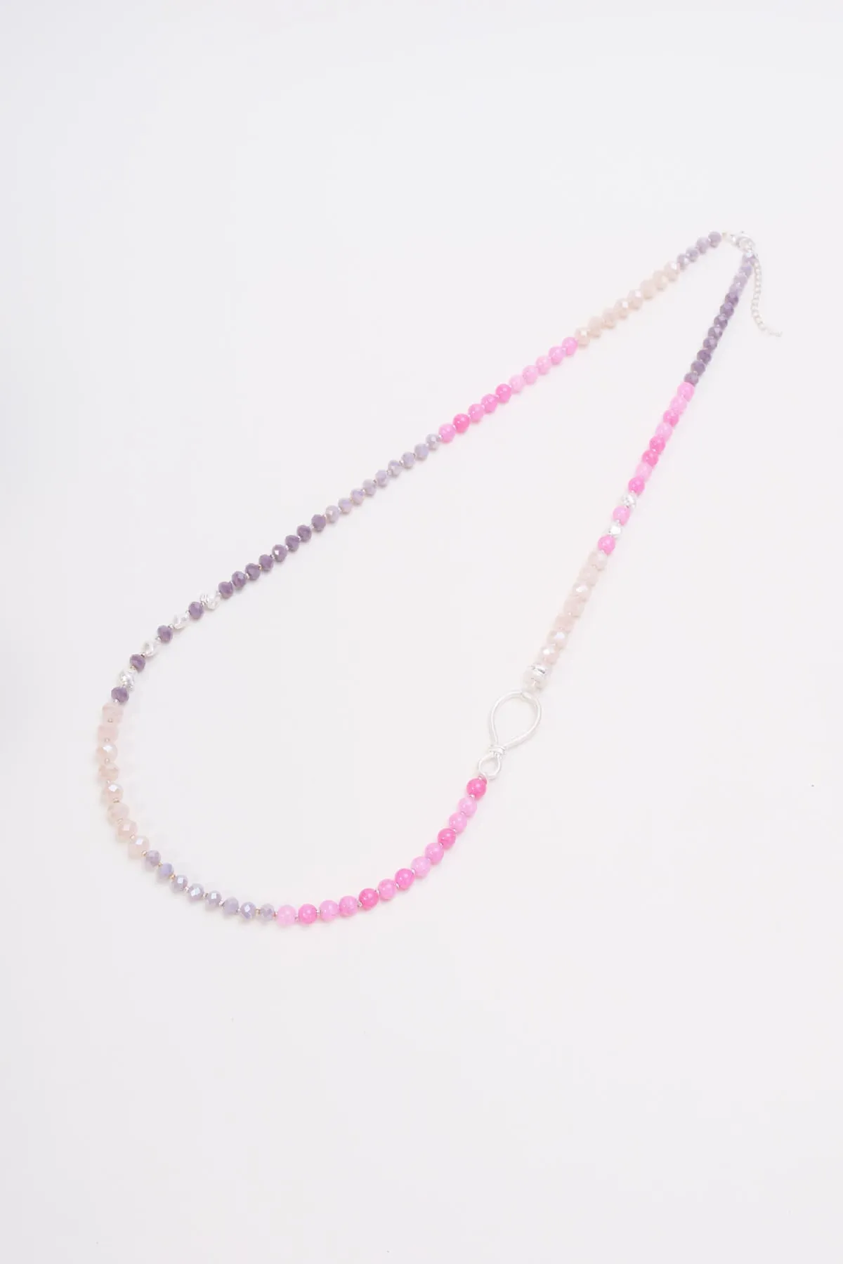 Long Pink Beaded Silver Necklace