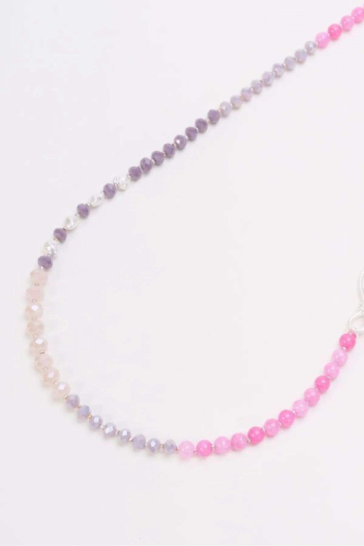 Long Pink Beaded Silver Necklace