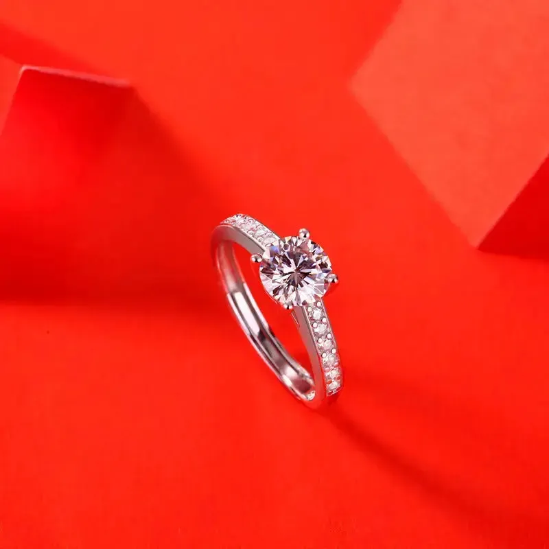 LOVCIA Lady Four Claw Moissanite CZ Simple 925 Sterling Silver Adjustable Ring