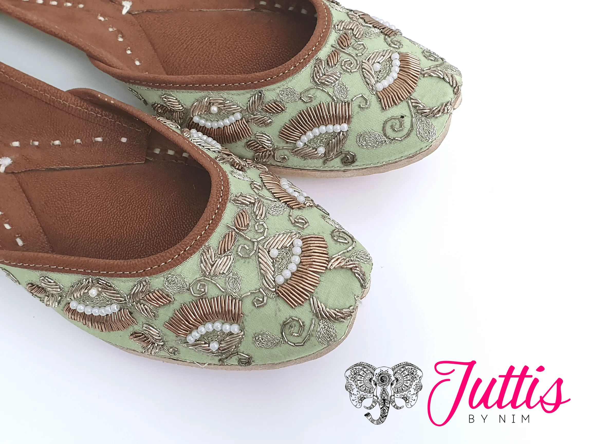 Luxury Mint Embellished Leather Punjabi Juttis