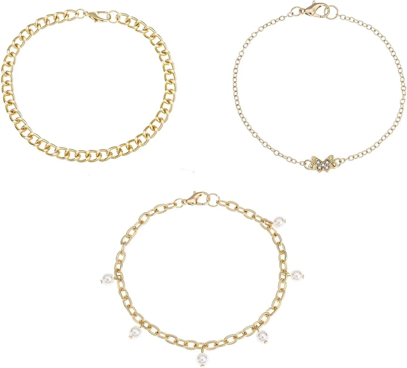 Madison Tyler 14K Gold Plated Ankle Bracelets for Women Girls | Adjustable Size Beach Crystal Butterfly Pearls Anklet Set | Beach Jewelry Anklet For Women Gifts 3PCS