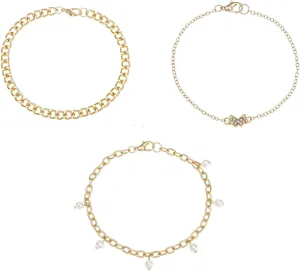 Madison Tyler 14K Gold Plated Ankle Bracelets for Women Girls | Adjustable Size Beach Crystal Butterfly Pearls Anklet Set | Beach Jewelry Anklet For Women Gifts 3PCS