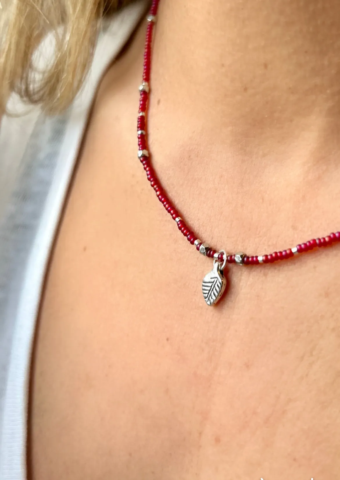 Magenta Seed Bead Boho Necklace with Silver Leaf Charm
