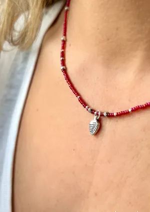 Magenta Seed Bead Boho Necklace with Silver Leaf Charm