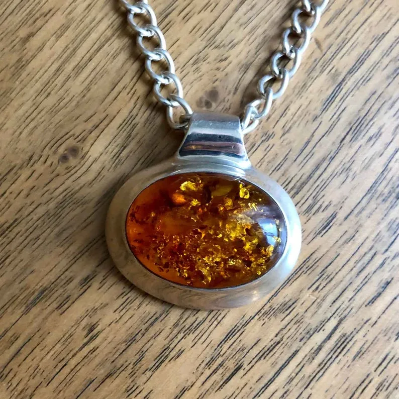 Minimalist Vintage Sterling Silver Amber Pendant and Chain