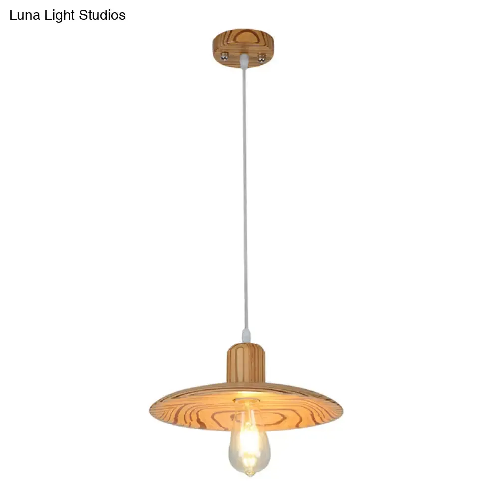 Minimalist Wood Disc Downlight Pendant Lamp - 1 Light, Beige/Orange Red, for Dining Room