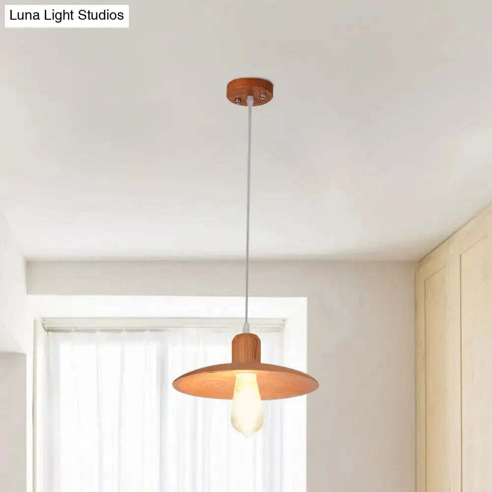 Minimalist Wood Disc Downlight Pendant Lamp - 1 Light, Beige/Orange Red, for Dining Room