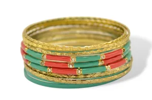 Multi-Color 11-Piece Bangle Set with Turquoise and Coral Accents#GS09211_GD-TRQ-CRL (PG2)