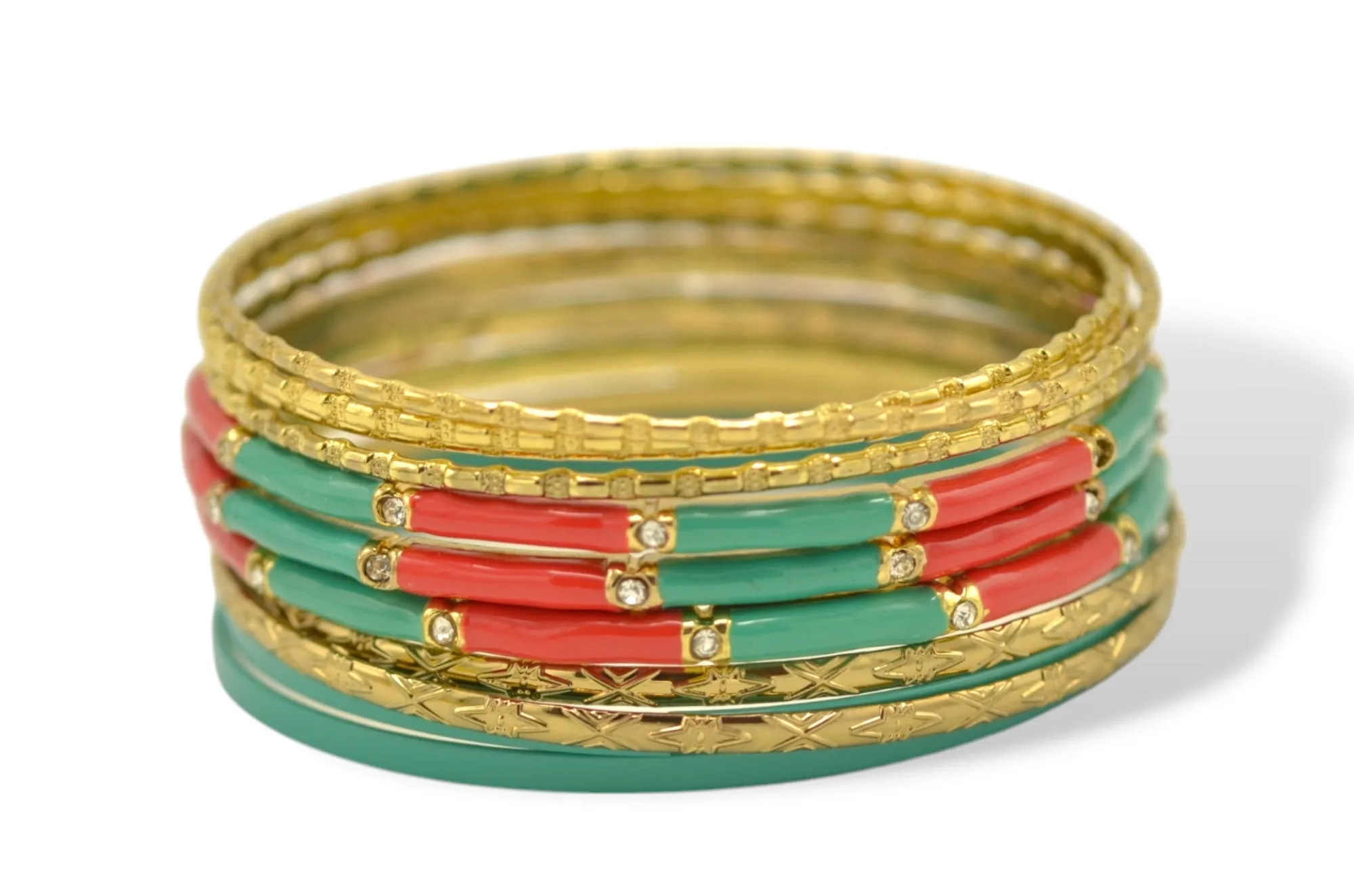 Multi-Color 11-Piece Bangle Set with Turquoise and Coral Accents#GS09211_GD-TRQ-CRL (PG2)