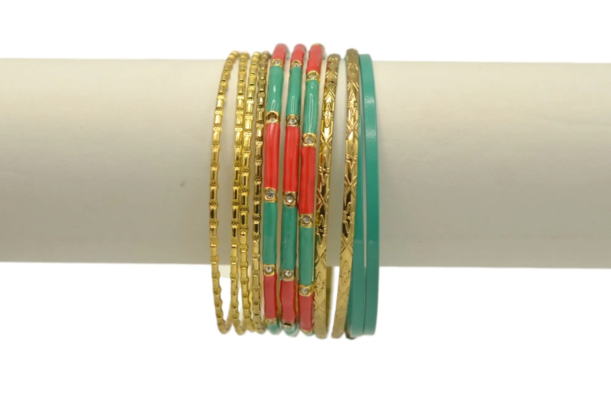 Multi-Color 11-Piece Bangle Set with Turquoise and Coral Accents#GS09211_GD-TRQ-CRL (PG2)