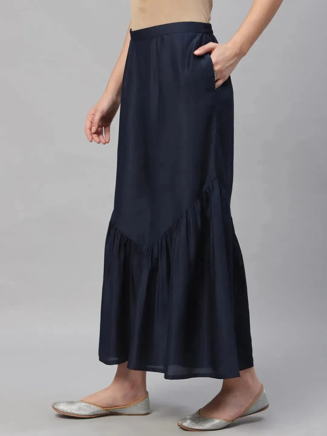 Navy Blue Solid Polyester Sharara Pants