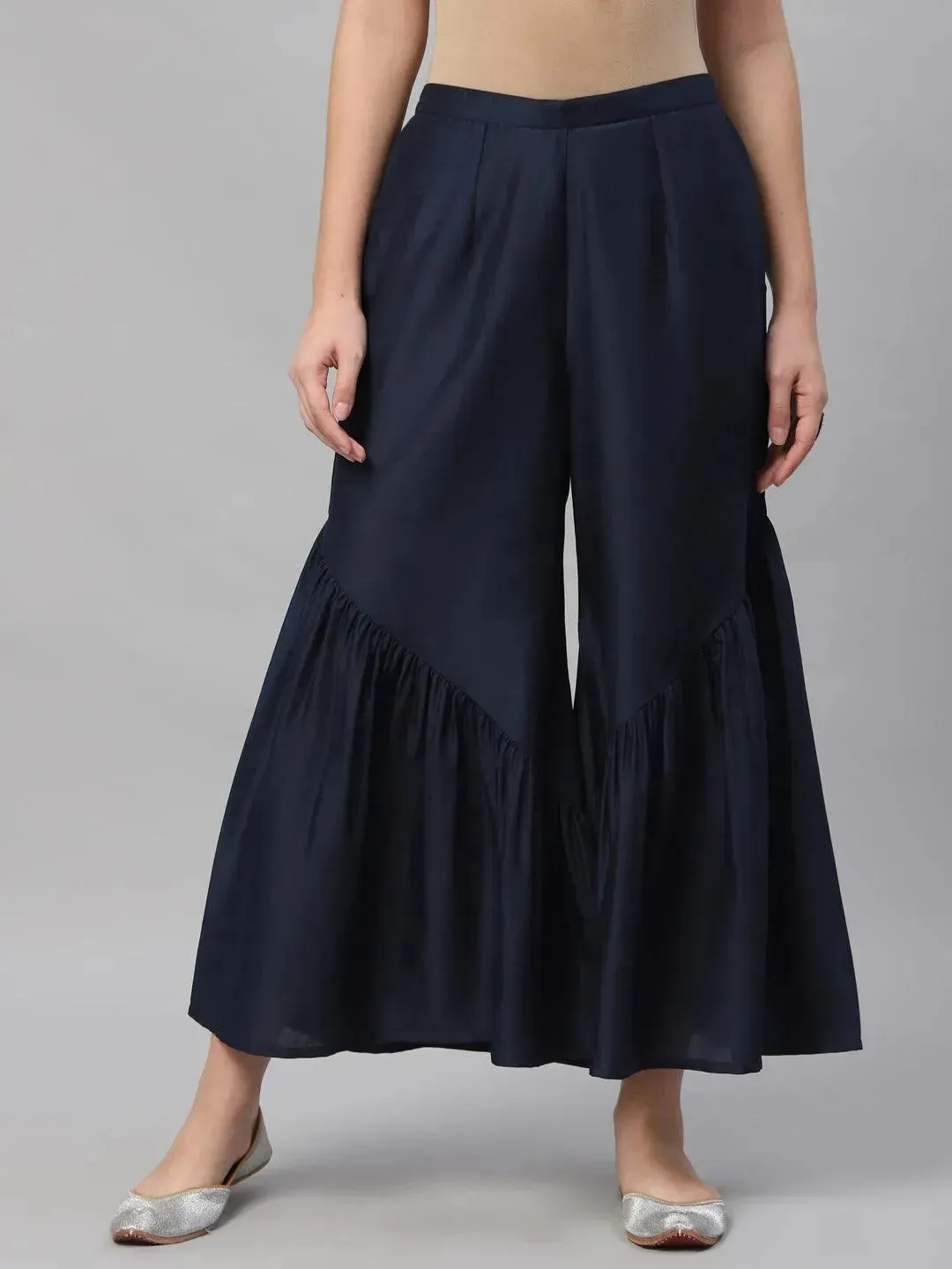 Navy Blue Solid Polyester Sharara Pants