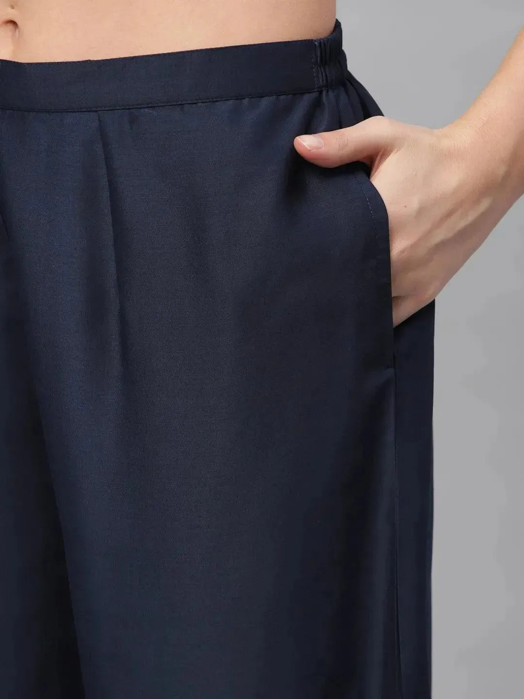 Navy Blue Solid Polyester Sharara Pants