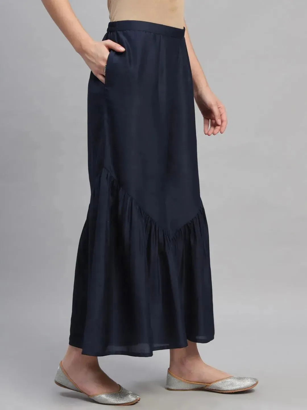 Navy Blue Solid Polyester Sharara Pants