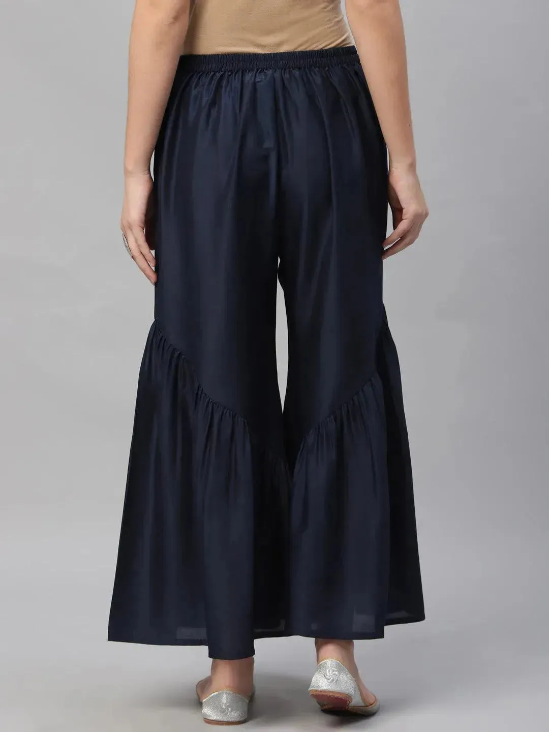 Navy Blue Solid Polyester Sharara Pants