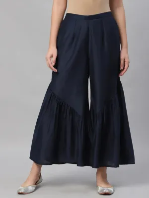 Navy Blue Solid Polyester Sharara Pants