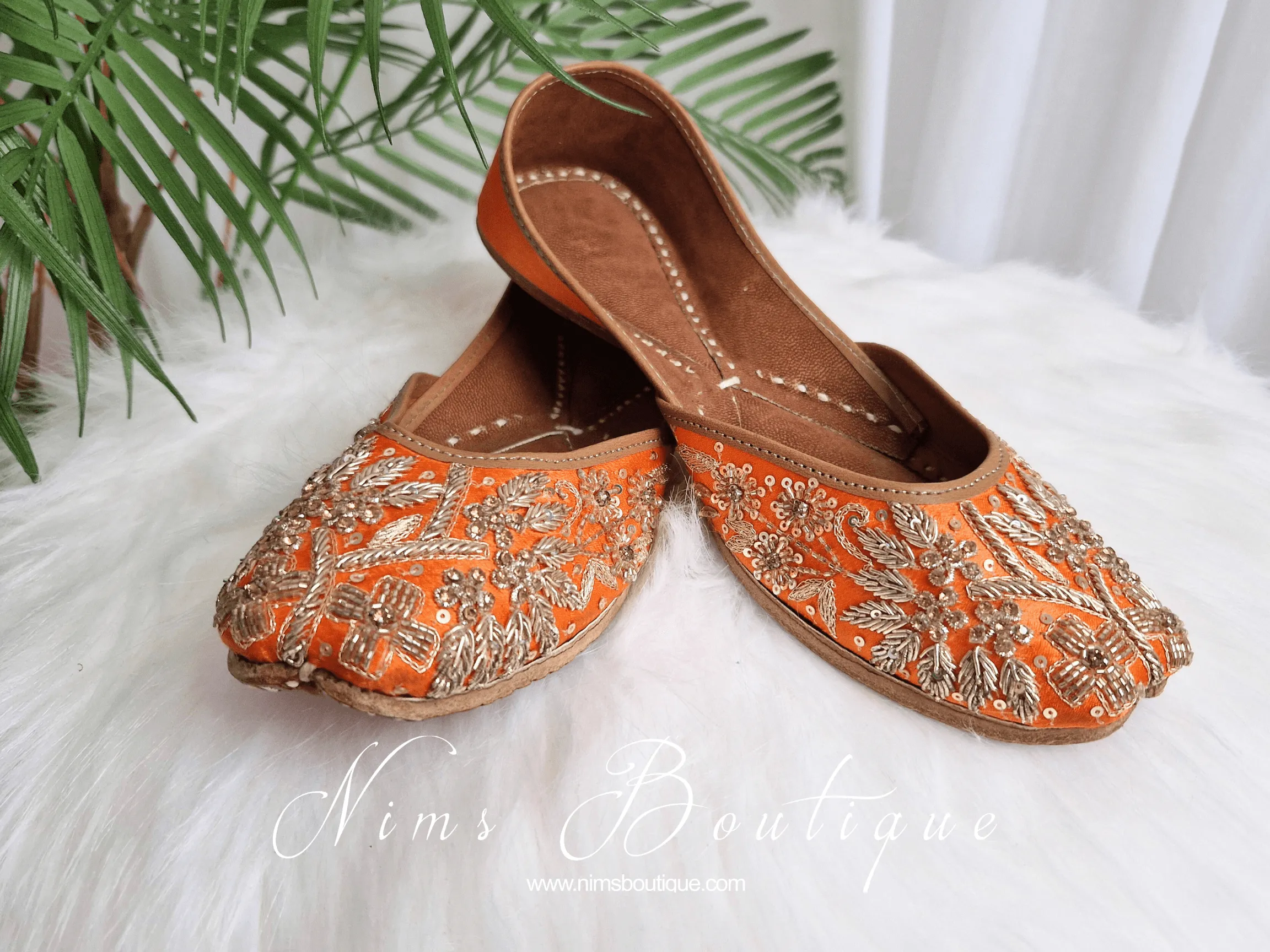 Orange Embellished Leather Punjabi Juttis
