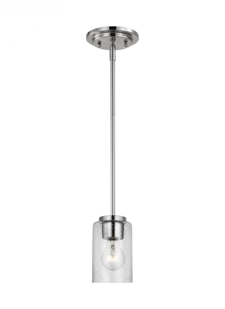 Oslo indoor dimmable 1-light mini pendant in a brushed nickel finish with a clear seeded glass shade