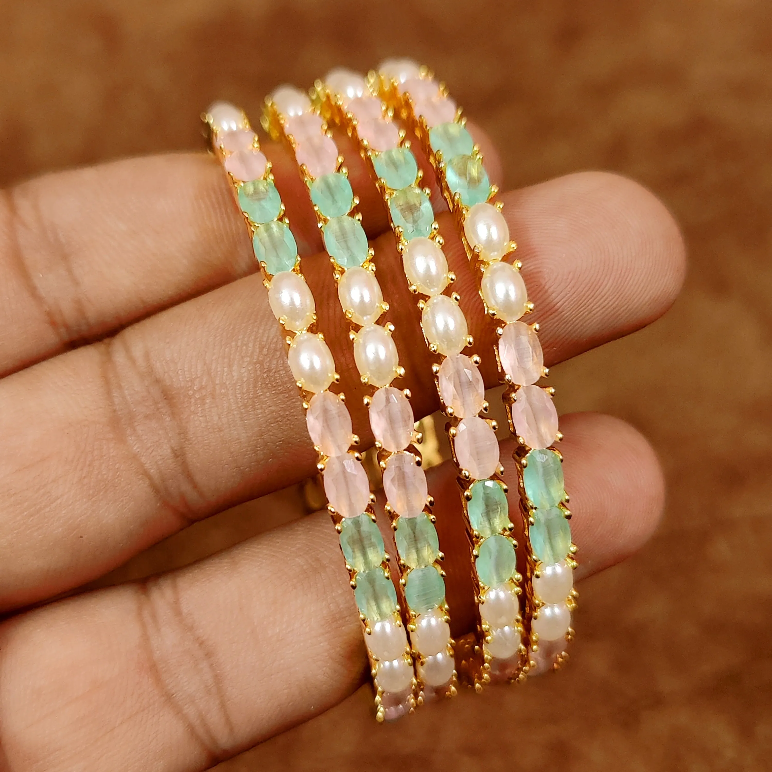 PINK & MINT GREEN SEMI PRECIOUS STONE STUDDED GOLD BANGLES