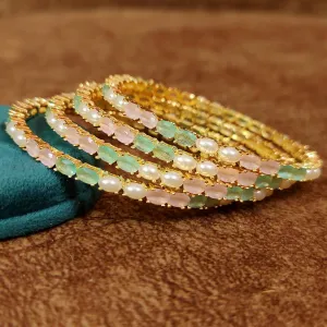 PINK & MINT GREEN SEMI PRECIOUS STONE STUDDED GOLD BANGLES