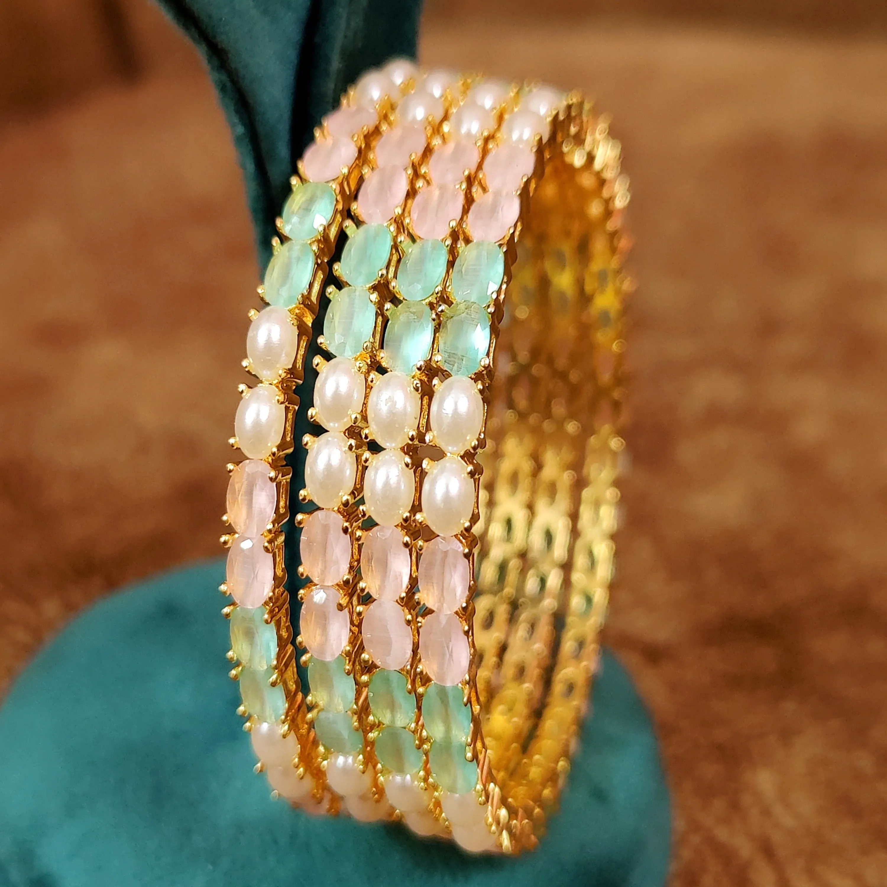 PINK & MINT GREEN SEMI PRECIOUS STONE STUDDED GOLD BANGLES
