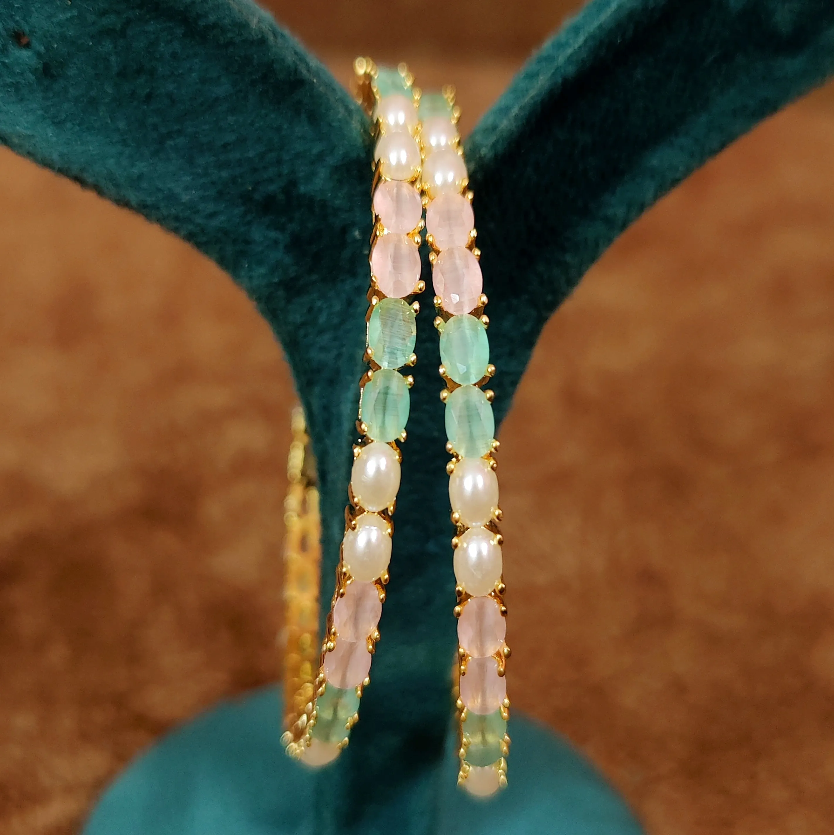 PINK & MINT GREEN SEMI PRECIOUS STONE STUDDED GOLD BANGLES