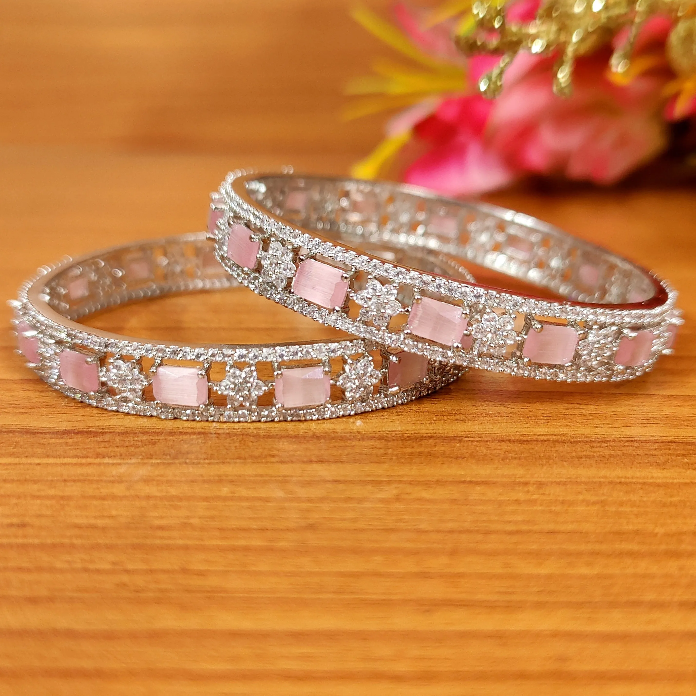PINK ONYX & CZ DIAMOND LOOK SILVER BANGLES