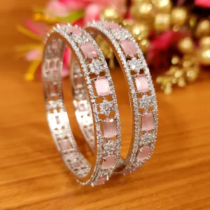 PINK ONYX & CZ DIAMOND LOOK SILVER BANGLES