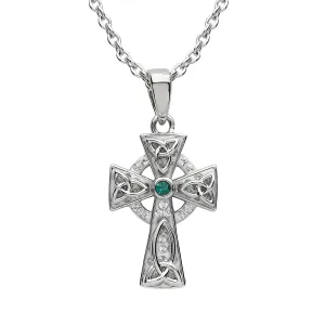 Platinum Plated Celtic Cross necklace With Green Crystals Centre Stone