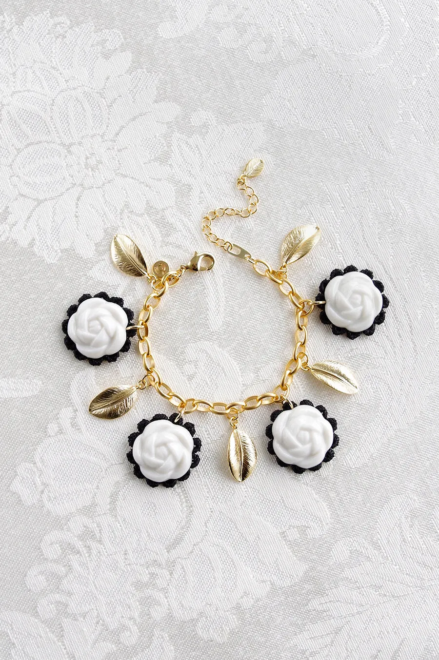 Porcelain Camellias And Golden Leaves Bracelet