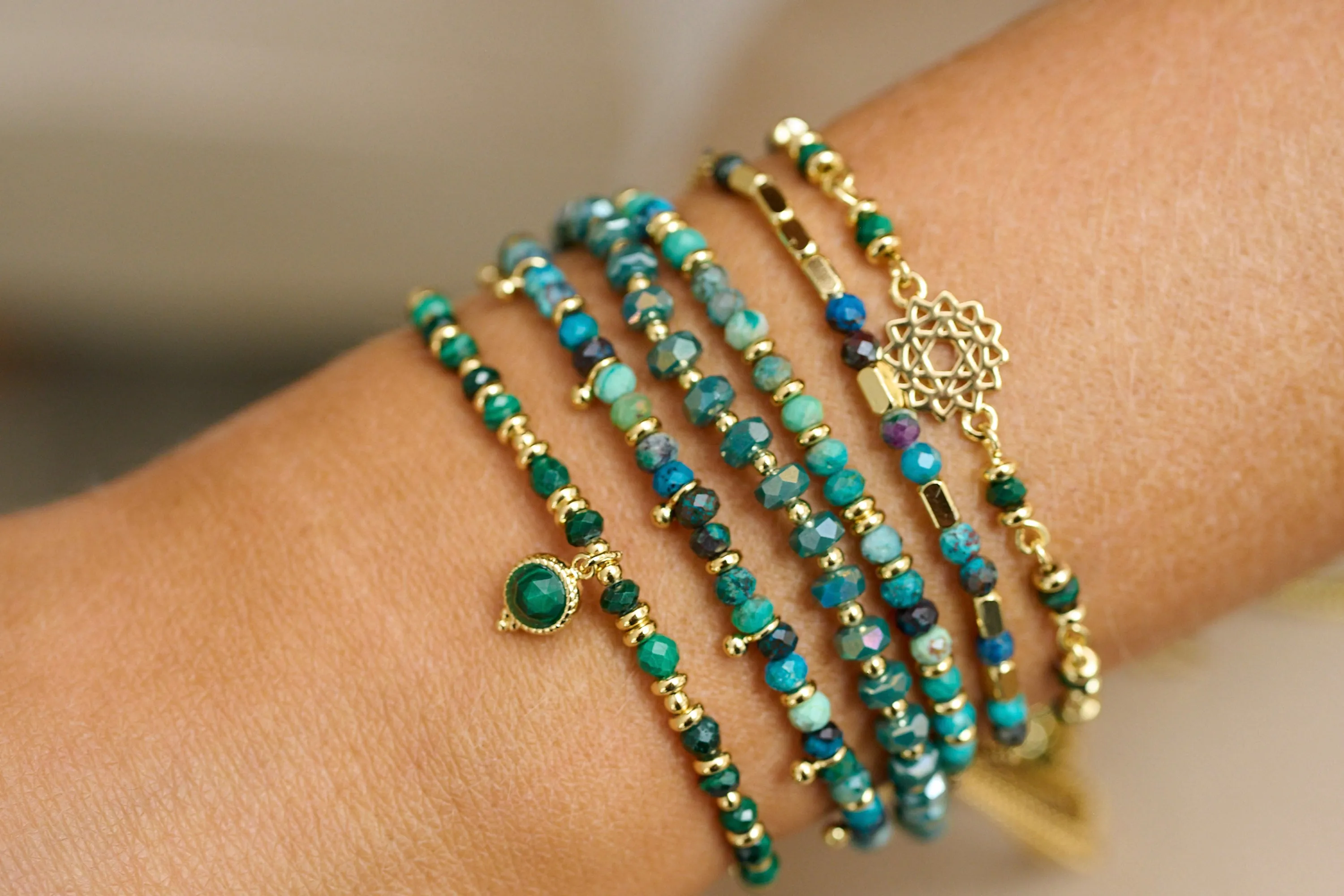 Prunus Green & Gold Crystal Stretch Bracelet