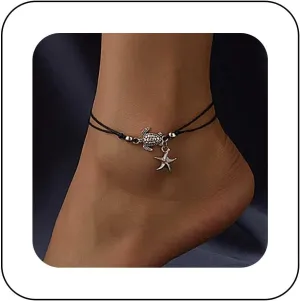 Punk Layered Black Leather Anklet Sea Starfish Anklet Starfish Dangle Ankle Bracelet Silver Turtle Anklet Chain Adjustable Leather Rope Anklet Foot Chain Jewelry for Women