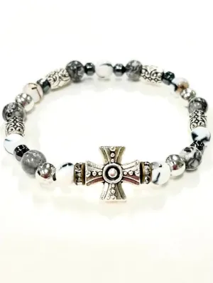 Religious Black and White Stone Stretch Bracelet