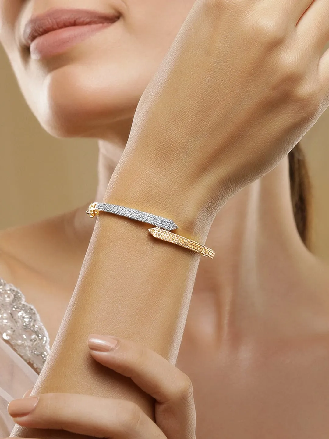 Rubans Dual Tone 22K Gold & Silver Plated Sparkling Zirconia Studded Openable Bangle-Style Bracelet