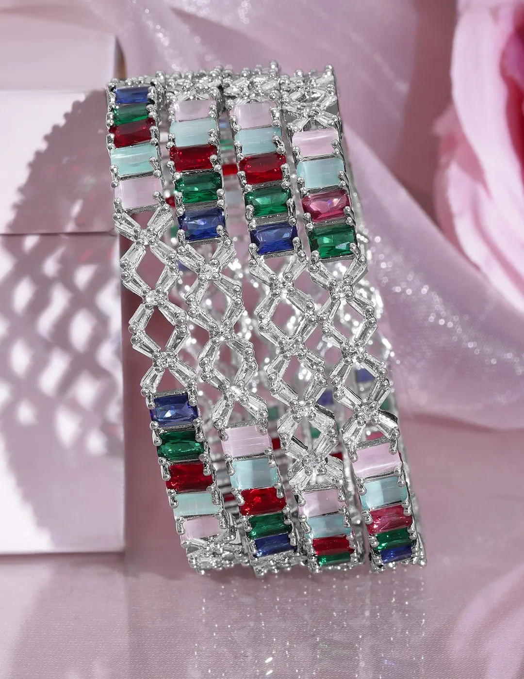 Rubans Set of 4 Rhodium-Plated Multicolor Stone & White Cubic Zirconia Studded Bangles