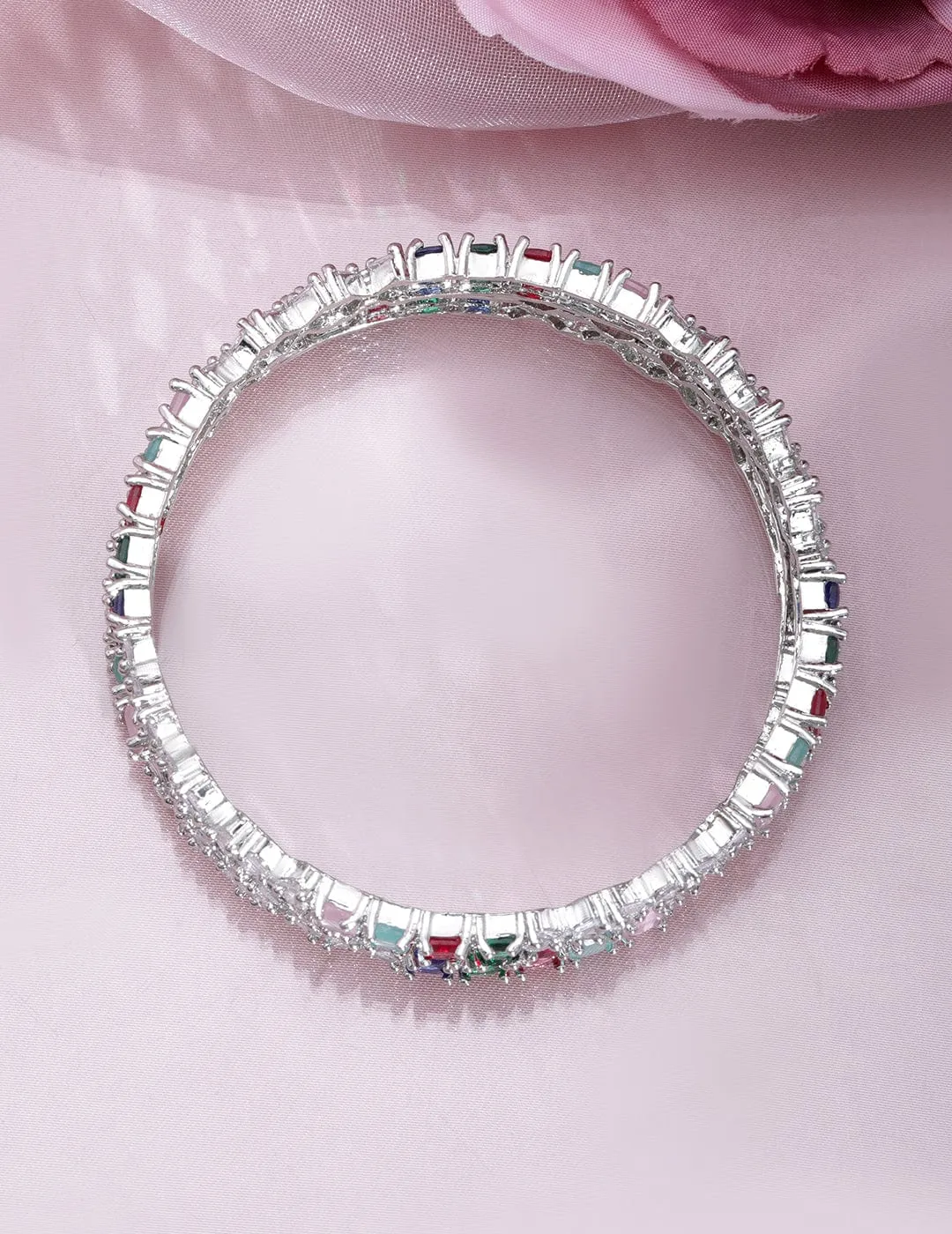 Rubans Set of 4 Rhodium-Plated Multicolor Stone & White Cubic Zirconia Studded Bangles
