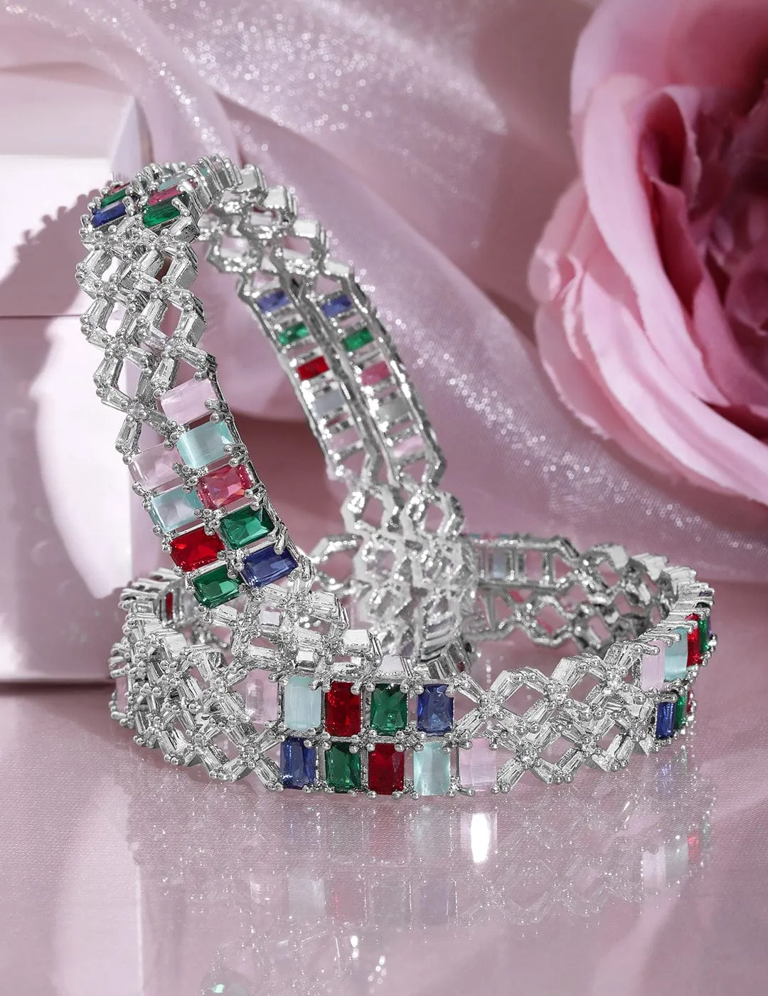 Rubans Set of 4 Rhodium-Plated Multicolor Stone & White Cubic Zirconia Studded Bangles