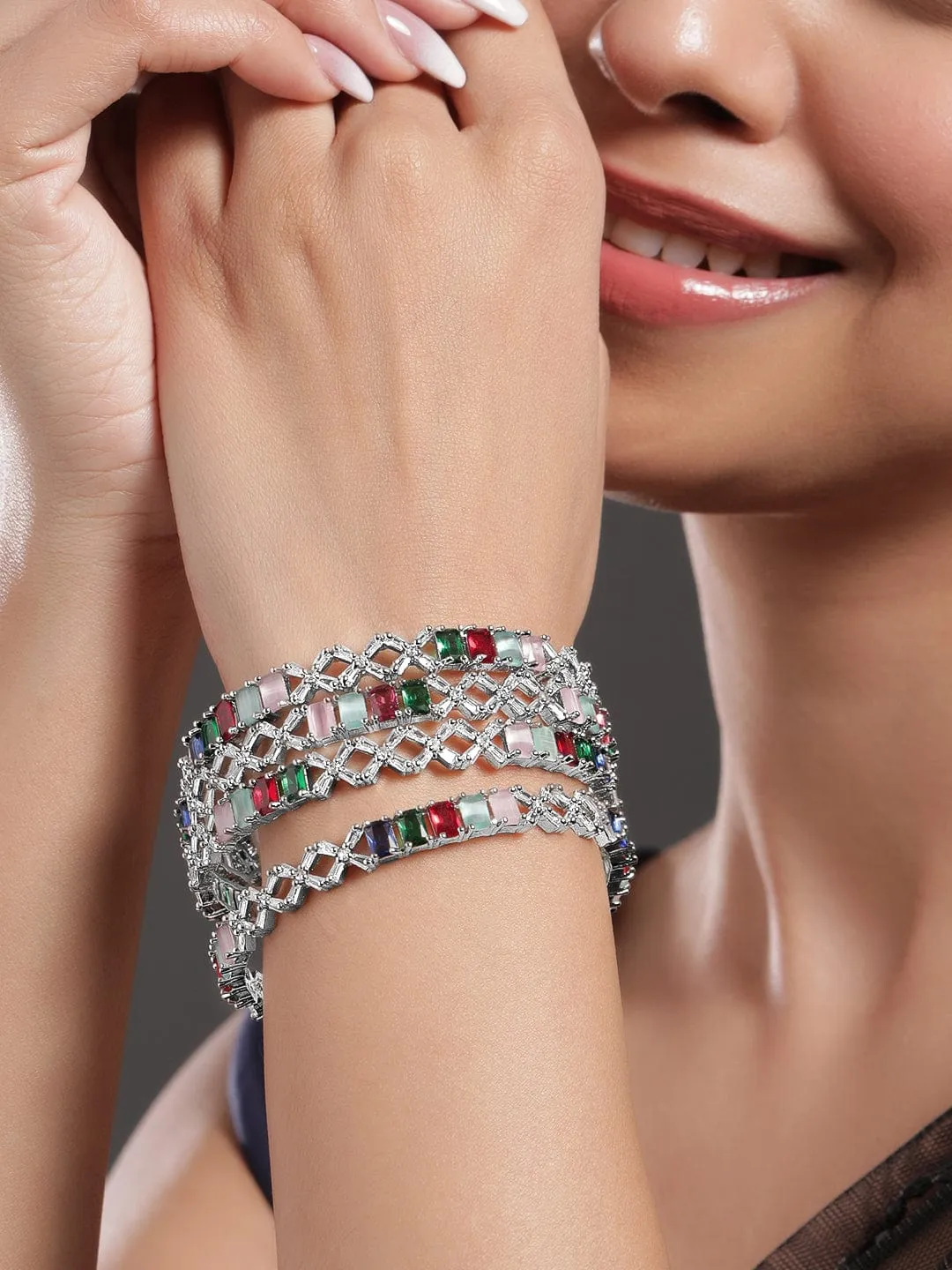 Rubans Set of 4 Rhodium-Plated Multicolor Stone & White Cubic Zirconia Studded Bangles