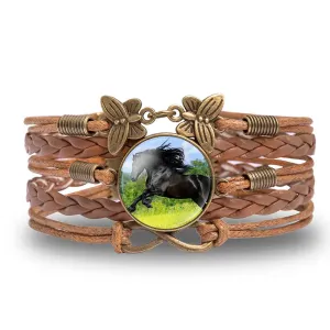 Running Friesian Horse Braided Leather Bracelet