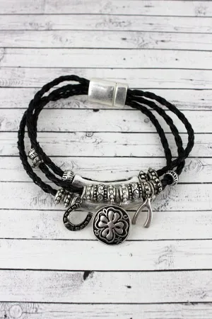 SALE! Worn Silvertone Luck Themed Charm Triple Cord Magnetic Bracelet