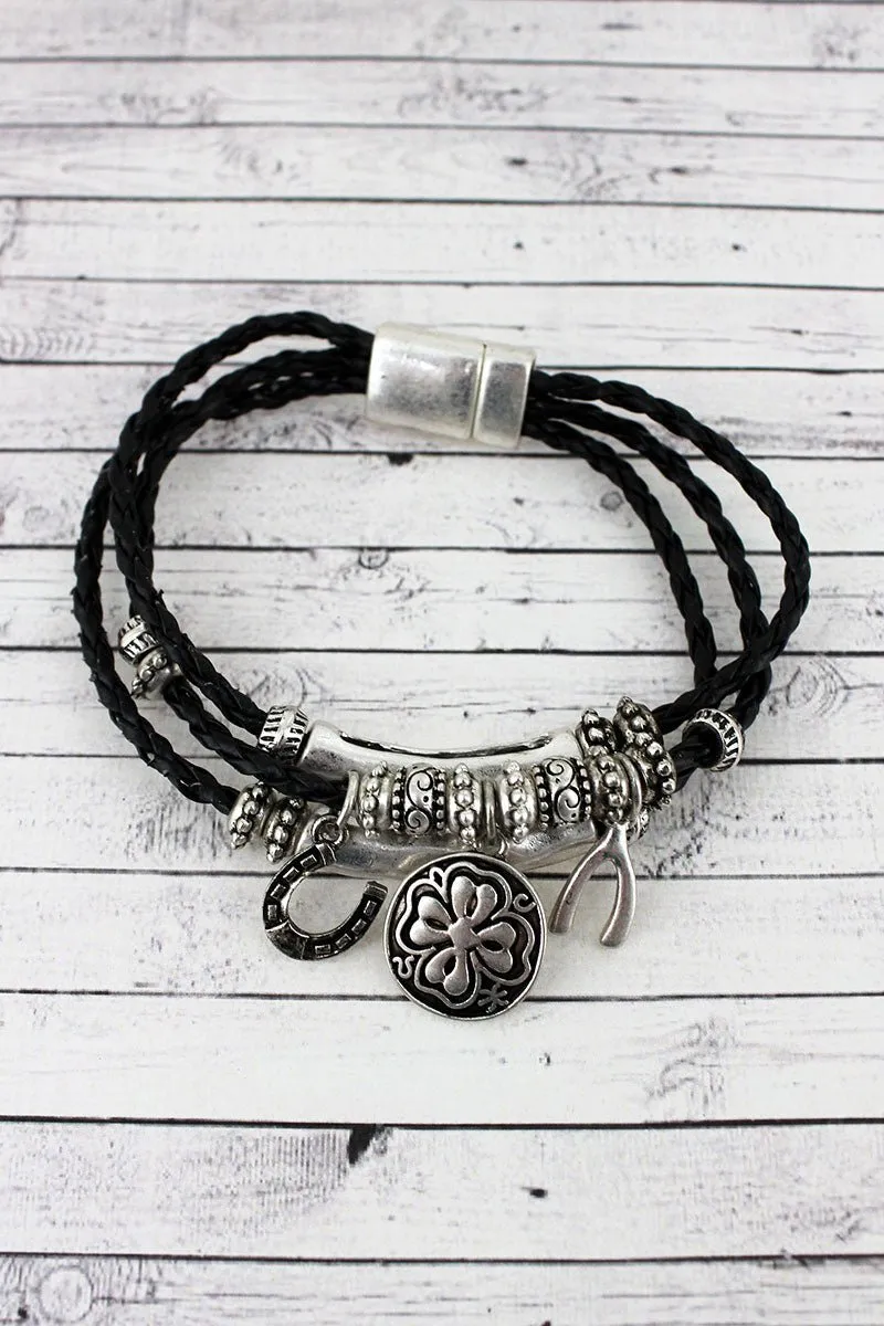 SALE! Worn Silvertone Luck Themed Charm Triple Cord Magnetic Bracelet
