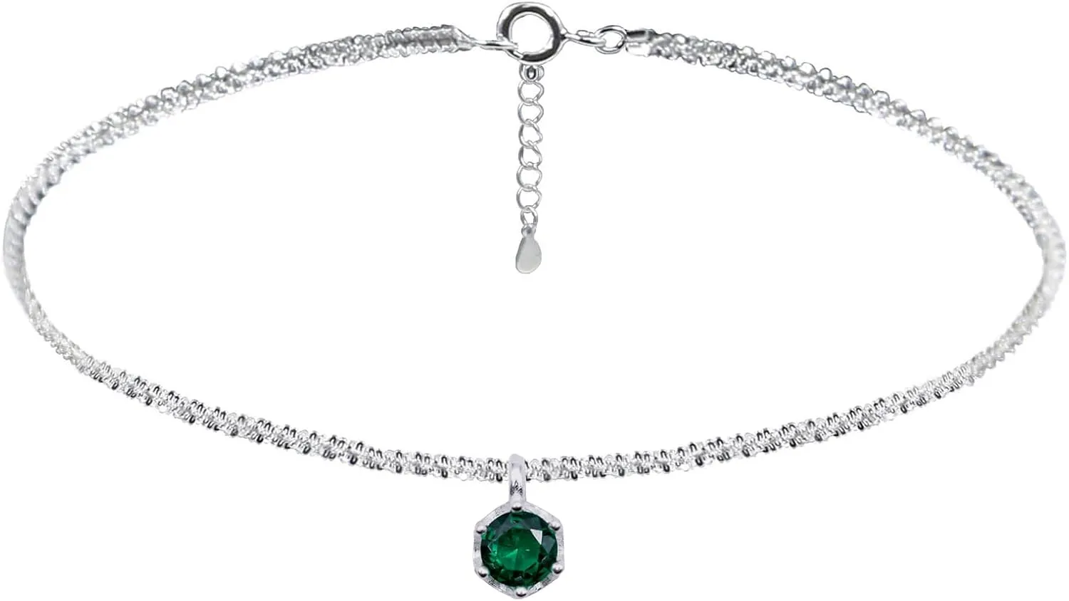 Silver Anklets for Women 925, Adjustable Womens Anklets Waterproof, Sterling Jewelry (Green Diamond)
