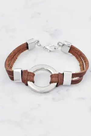Silver Metal Circle Leather Bracelet