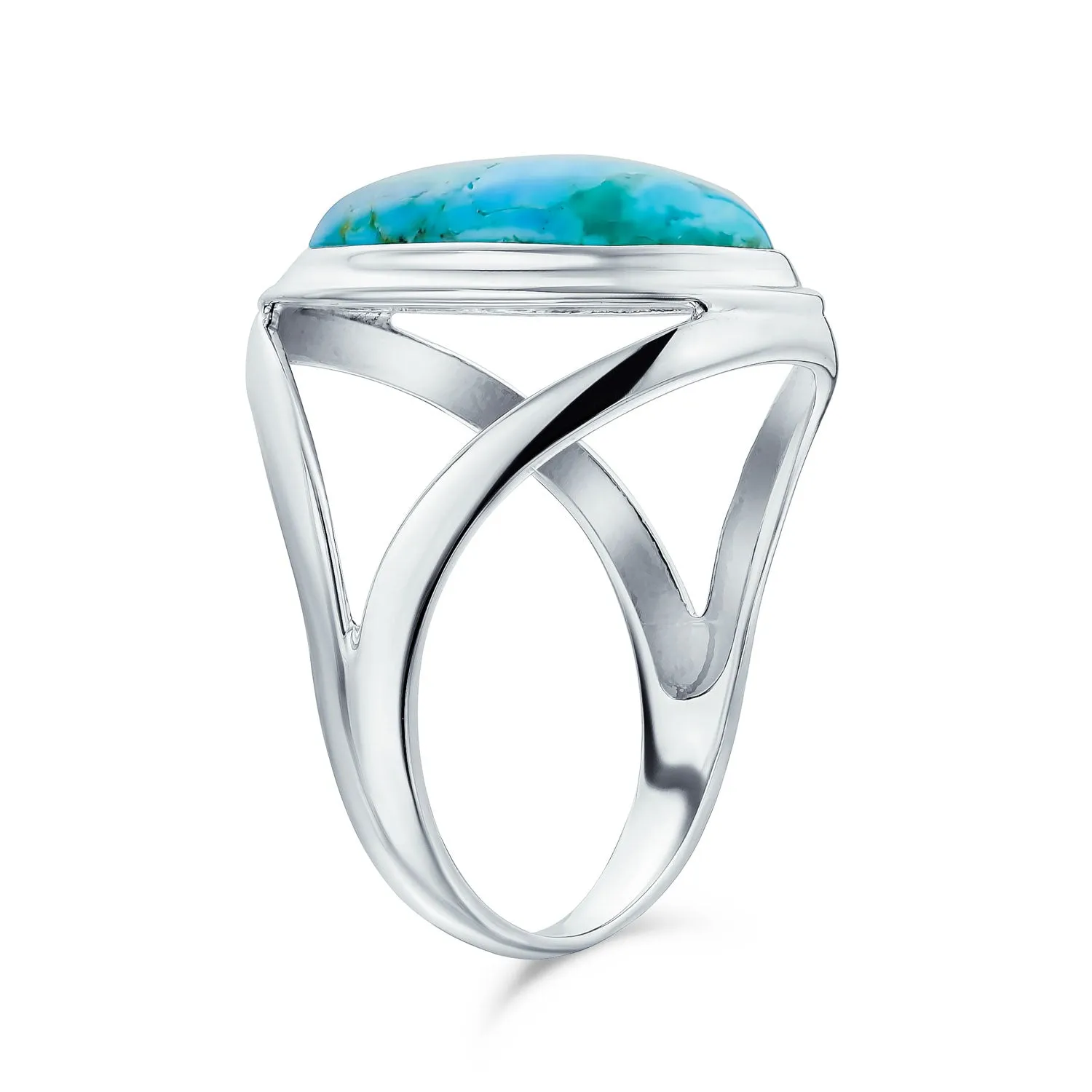 Simple Boho Silver Ring with Large Blue Turquoise Gemstone in Bezel Setting