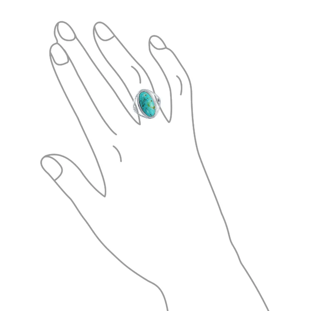 Simple Boho Silver Ring with Large Blue Turquoise Gemstone in Bezel Setting