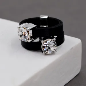 Simple double stone leather ring with 2 crystals