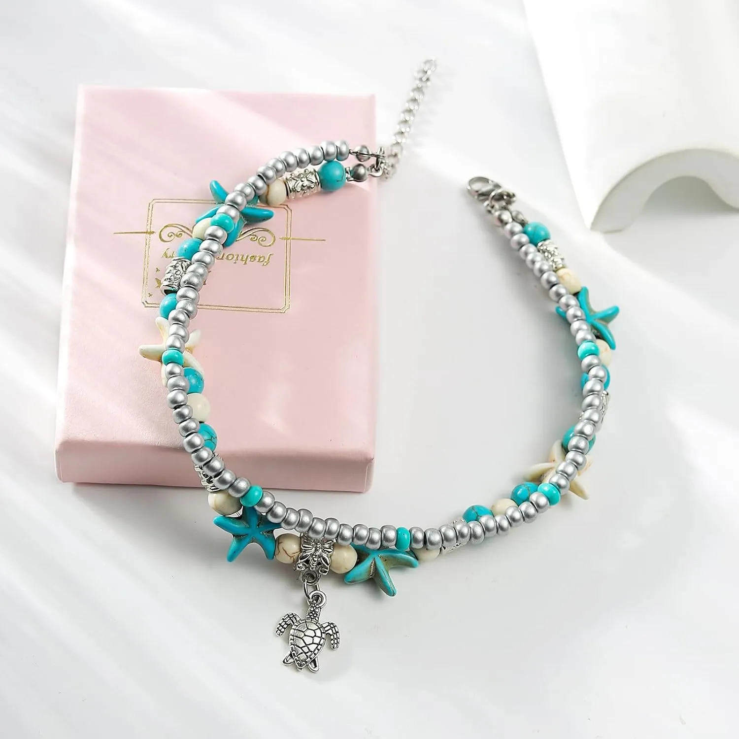 Starain Blue Turtle Anklets for Women Multilayer Beads Handmade Beach Ankle Bracelet Set Boho Foot Jewelry