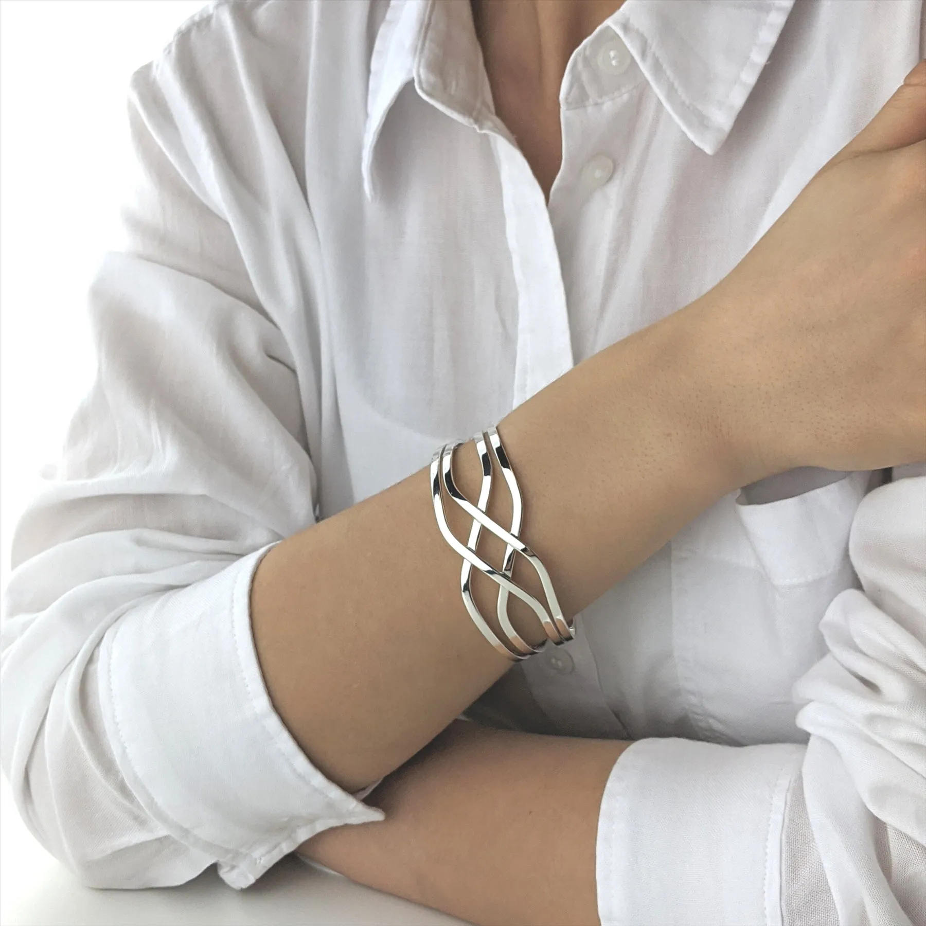 Sterling Silver Celtic Knot Wide Cuff Bangle - Woven Crossover Design
